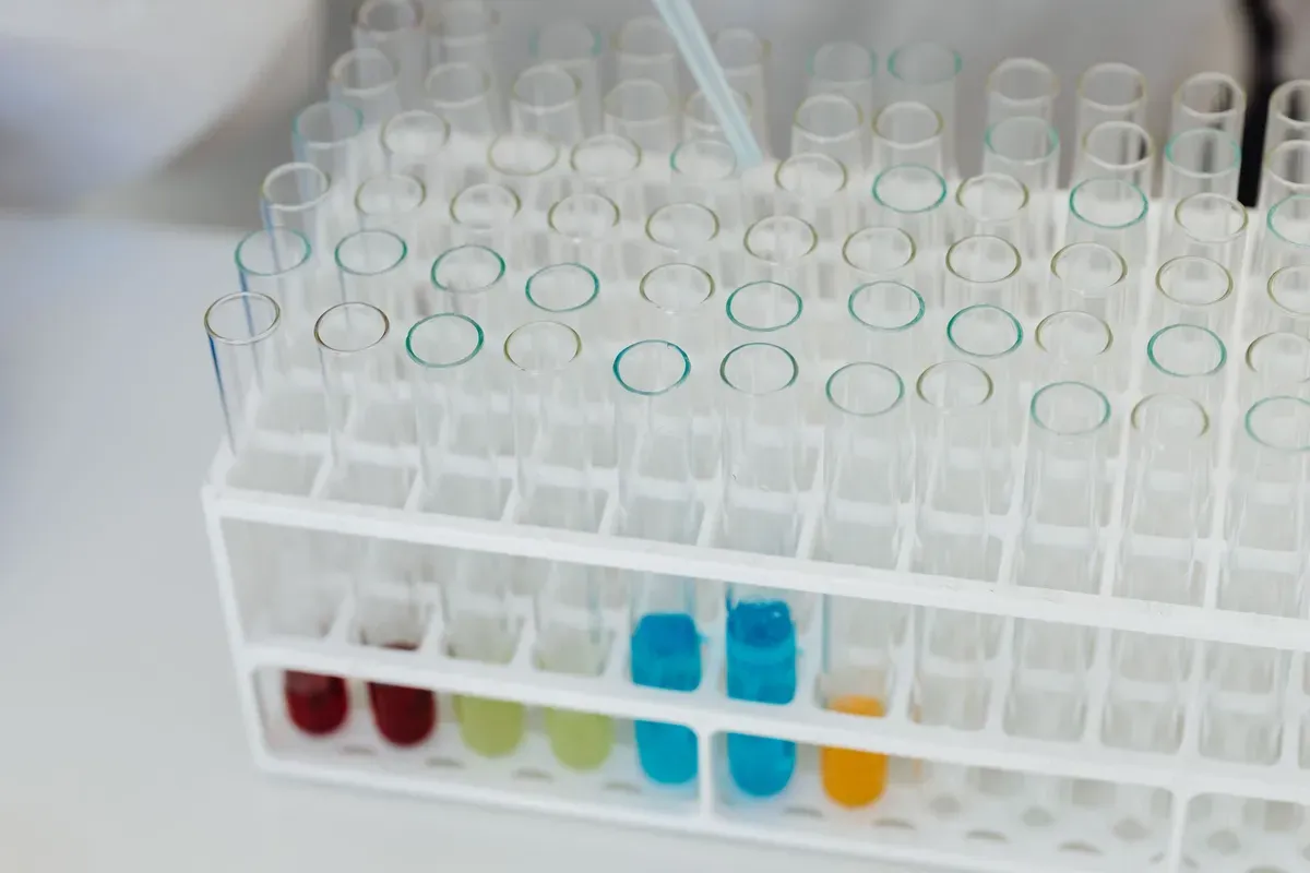 Laboratory test tube rack with clear and colored liquid samples for water quality analysis